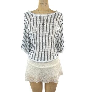 Y2k 2000's Striped Open Knit Batwing Sleeve Sweater Tee Sz M L Coastal Festival